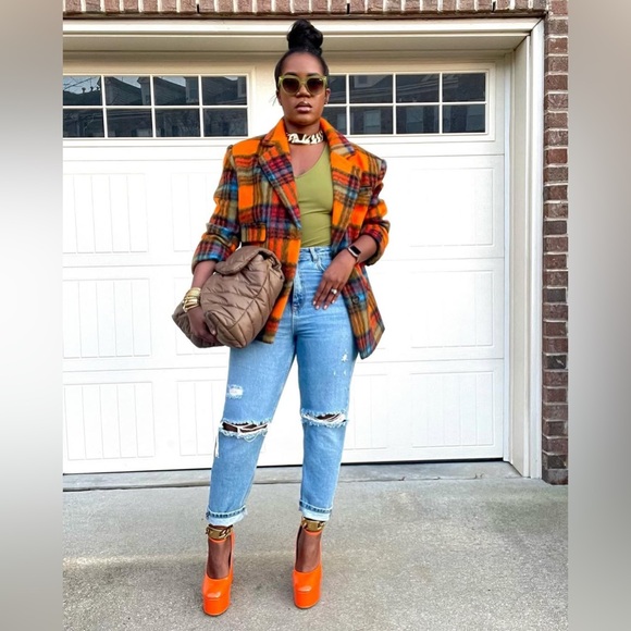 NWT! NASTY GAL Premium Wool Blend Oversized Orange Plaid Stripe Blazer Coat - Picture 11 of 16